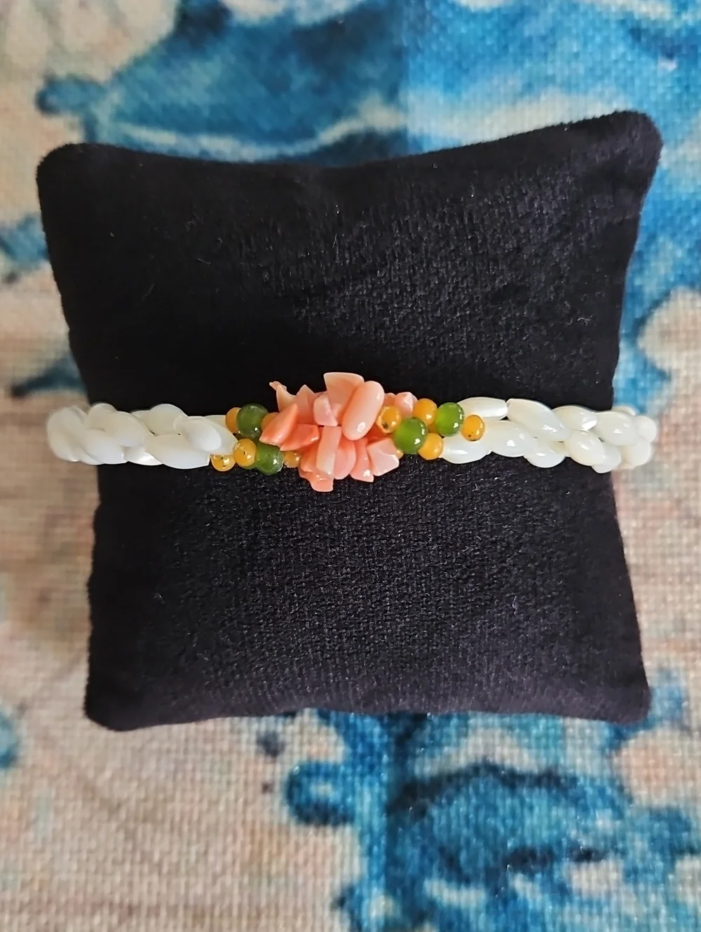 Vintage Mother of Pearl, Coral and Jade Bracelet